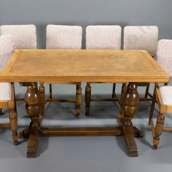 deco oak dining table w/ extending side-leafs, 6 beech chairs w/upholstered seat & back H750 L1220 W1080 sides extended