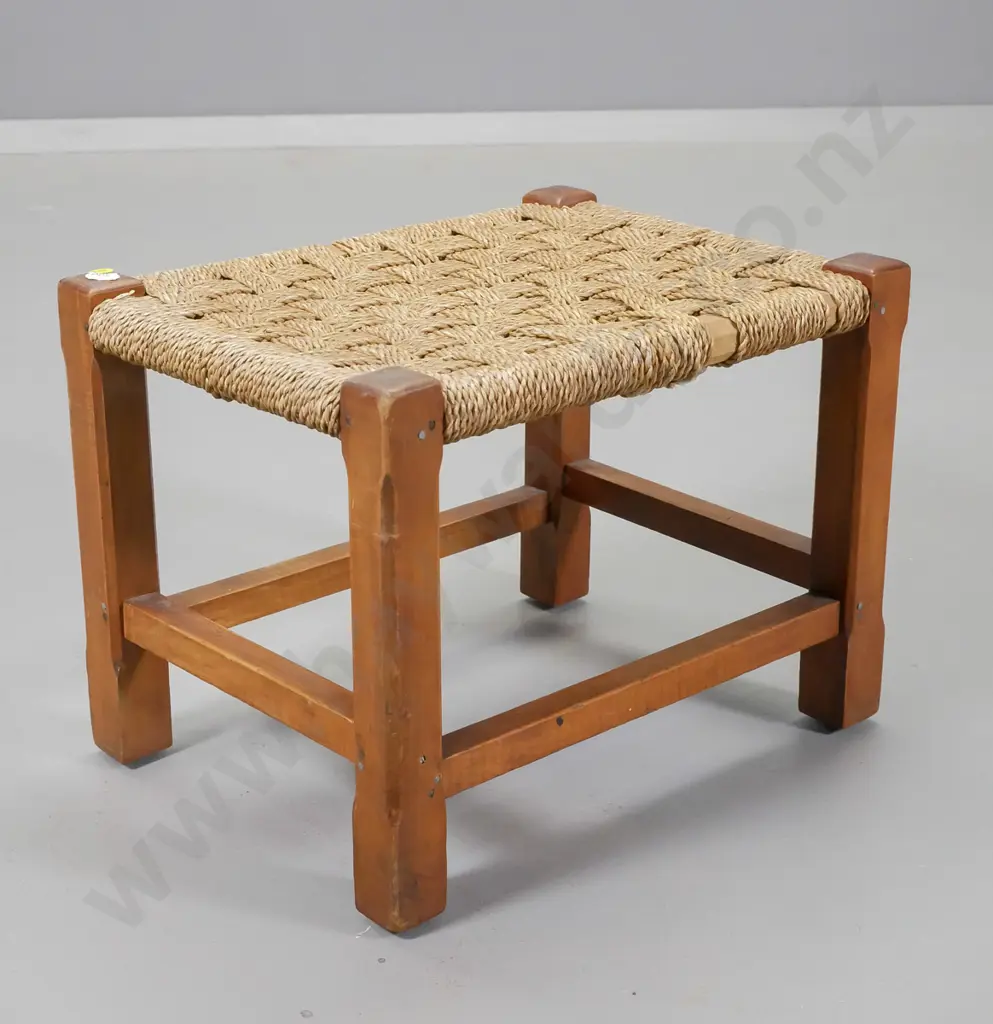 vintage timber and woven seagrass foot stool - some missing seagrass strands H290 W370 D270 Image 1++