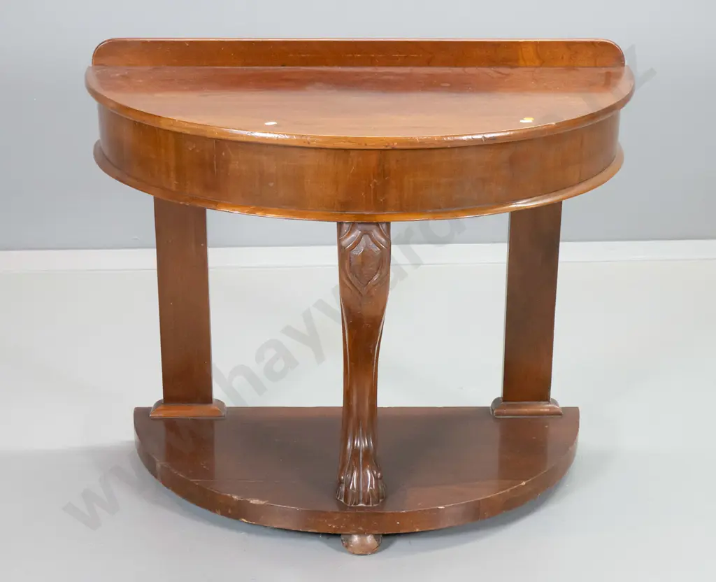 Victorian mahogany half-round hall table w/ball & claw centre leg - chips and crack to base H750 W900 D470 Image 1++