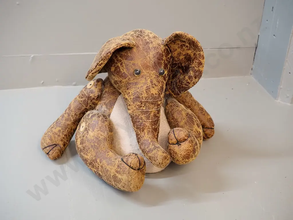 stuffed toy elephant - leather with wooden buttons, overall wear to leather H-270 W-370 Image 1++
