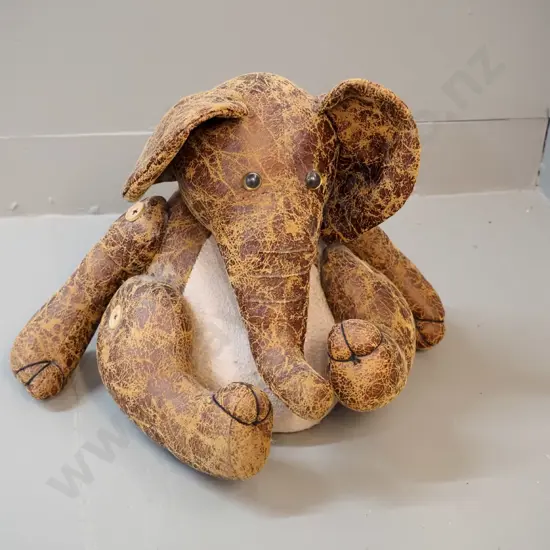 stuffed toy elephant - leather with wooden buttons, overall wear to leather H-270 W-370