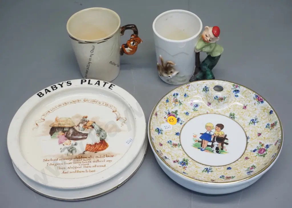 children's china items - Limoges warming plate, Doulton baby plate, Brentleigh bear handled mug (crazing) etc. Image 1++