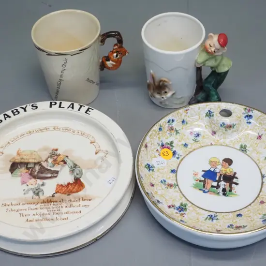 children's china items - Limoges warming plate, Doulton baby plate, Brentleigh bear handled mug (crazing) etc.