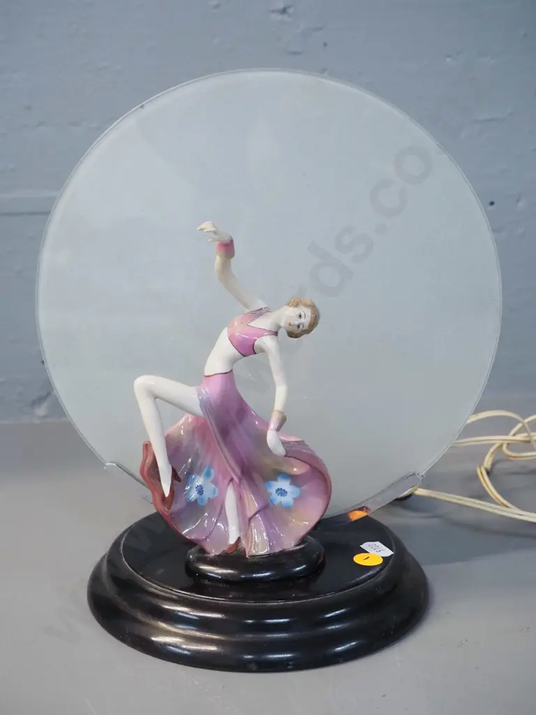 deco table lamp with frosted glass disc and dancing woman figurine - both glass and figure are loose H270 Image 1++