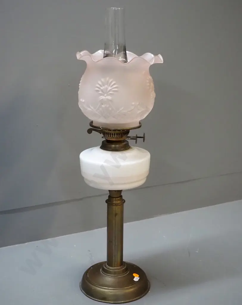 brass, frosted pink and milk glass based kerosene lamp with chimney H-650 Image 1++
