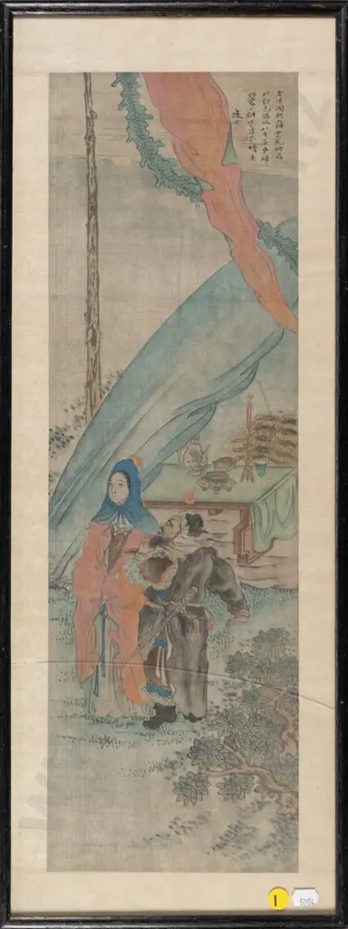 framed Asian watercolour on silk  (crack to glass) H-540 W-160 Image 1++