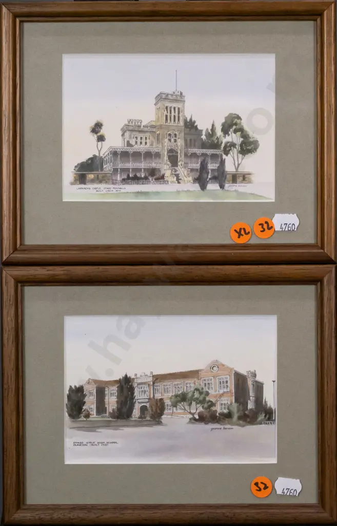 2x framed hand coloured Yvonne Benson prints - Otago Girls, Larnach Castle H-100 W-130 Image 1++