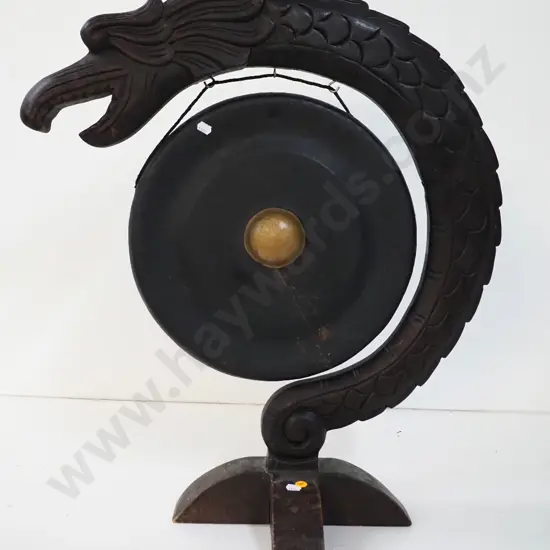 metal gong on carved wooden dragon-motif stand, no beater, scratches/paint loss on back of  gong H700 Gong diameter 340