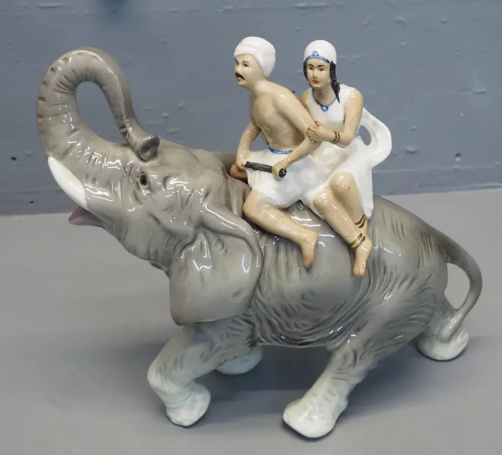 2 people riding an elephant figurine - marked Germany H-260 L-300 Image 1++