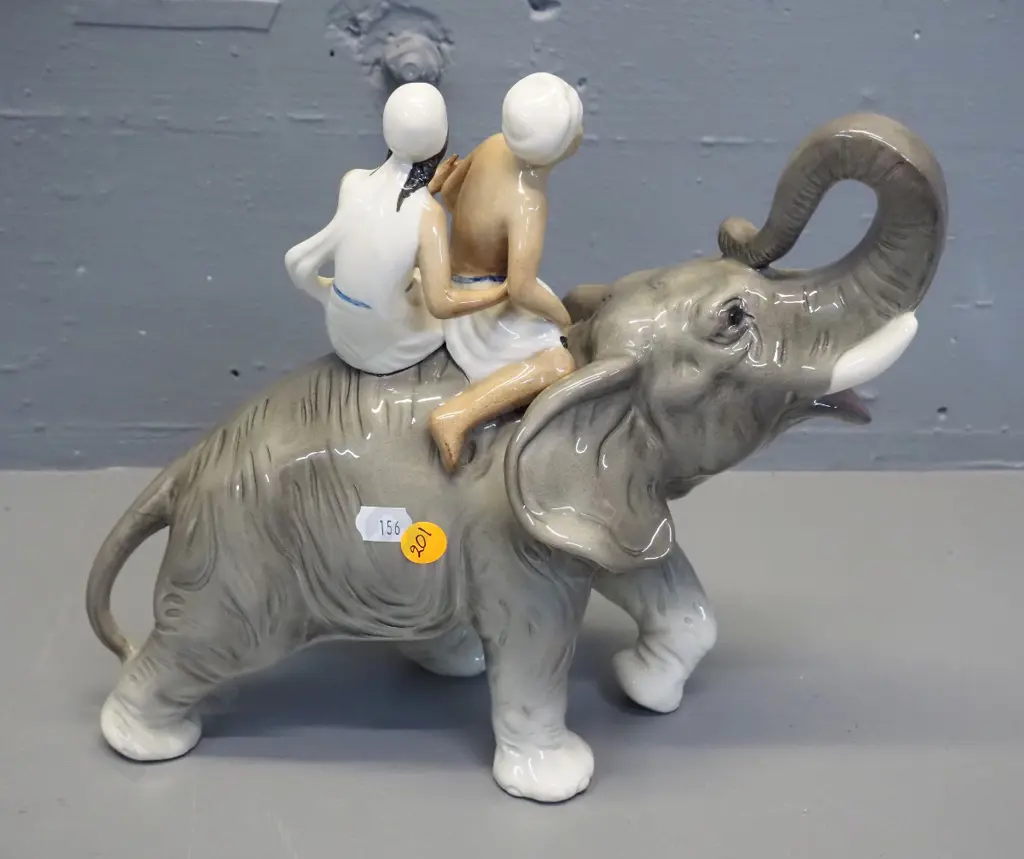 2 people riding an elephant figurine - marked Germany H-260 L-300 Image 1++