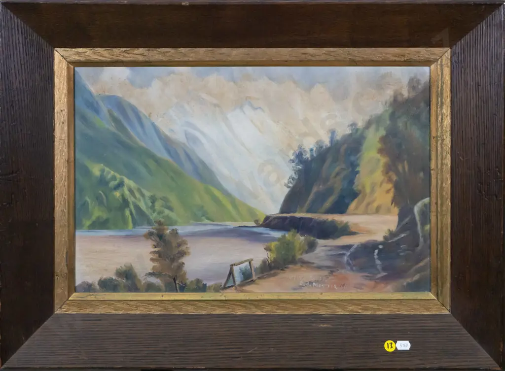 illegible signature 1917 - framed oil "Otira Gorge" H-300 W-450 Image 1++