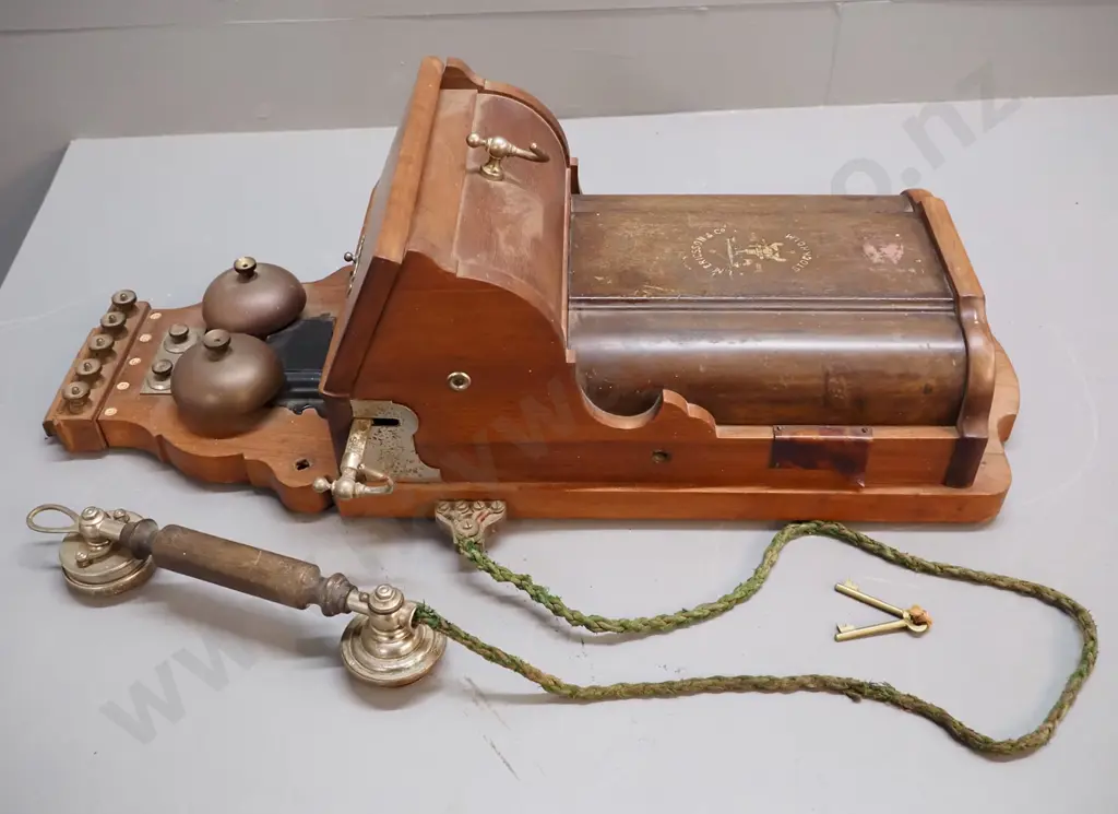 vintage Ericsson wood and metal cased wall telephone with key - some corrosion, cord is frayed H-690 W-380 Image 1++