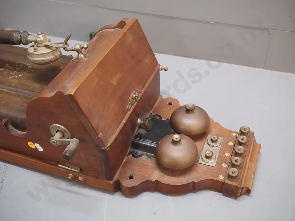 vintage Ericsson wood and metal cased wall telephone with key - some corrosion, cord is frayed H-690 W-380 Image 1++