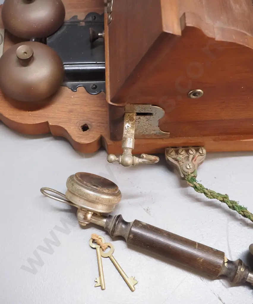 vintage Ericsson wood and metal cased wall telephone with key - some corrosion, cord is frayed H-690 W-380 Image 1++