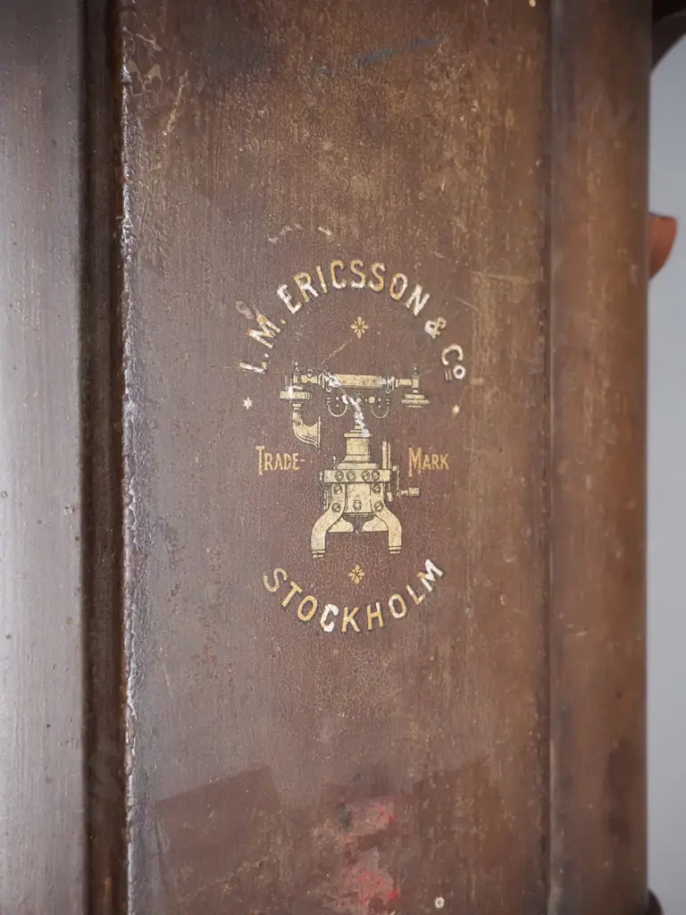 vintage Ericsson wood and metal cased wall telephone with key - some corrosion, cord is frayed H-690 W-380 Image 1++