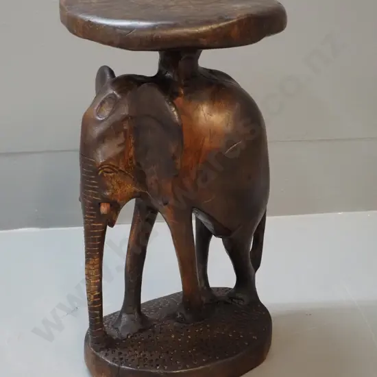 carved wood elephant with small plant stand top - slanted and a bit wobbly H-320