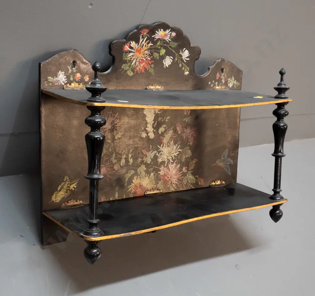 small wall shelf with hand painted flower decoration w/hinges to collapse - shelves are warped/sagging H420 W480 D160 Image 1++