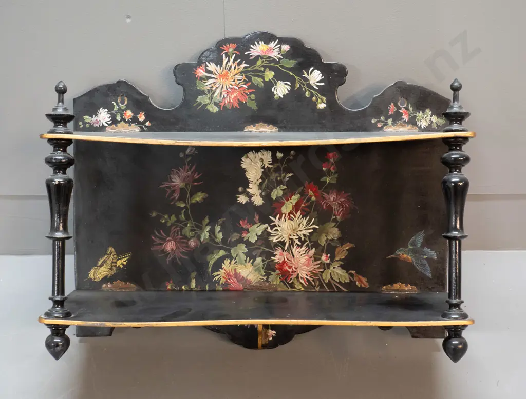 small wall shelf with hand painted flower decoration w/hinges to collapse - shelves are warped/sagging H420 W480 D160 Image 1++