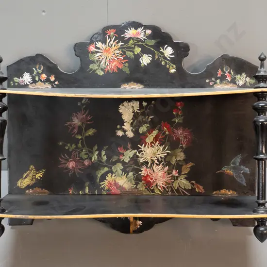 small wall shelf with hand painted flower decoration w/hinges to collapse - shelves are warped/sagging H420 W480 D160