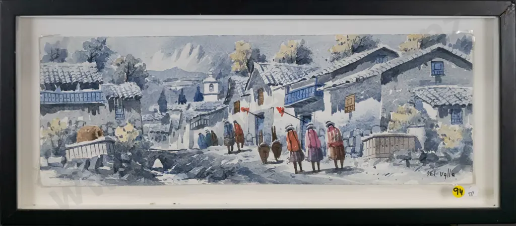 Del Valle - framed watercolour - village scene H-220 W-550 (frame needs attention) Image 1++