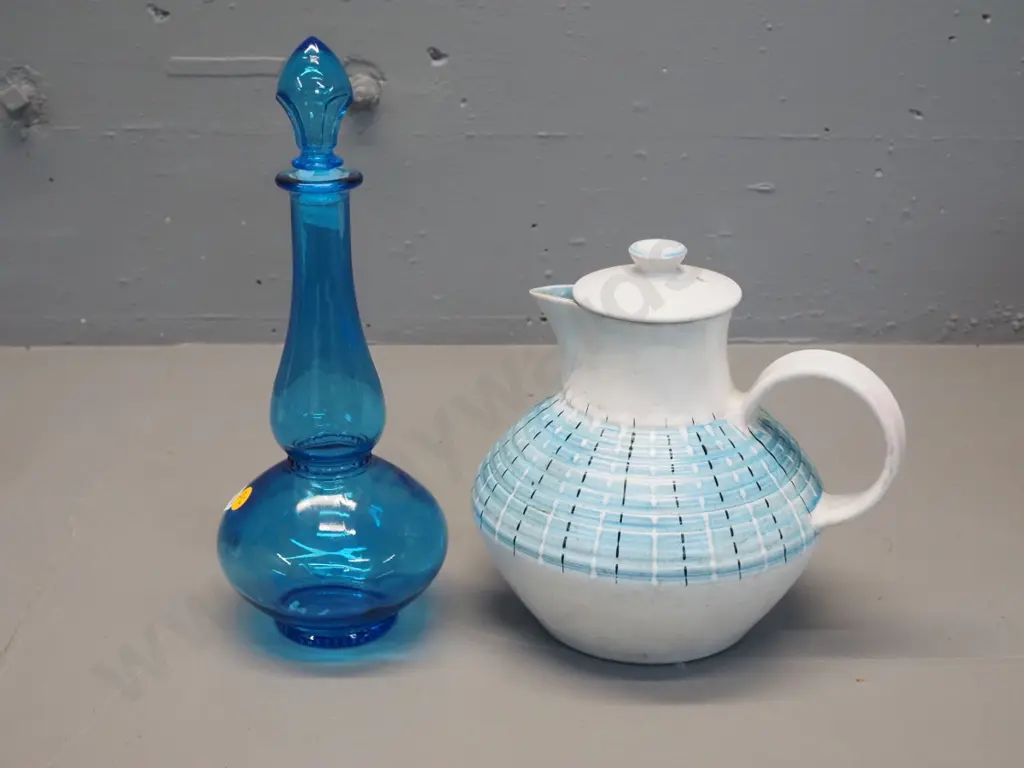 retro Denby large teapot (some staining) and a blue glass stoppered bottle H200 - damage to plastic stopper liner Image 1++