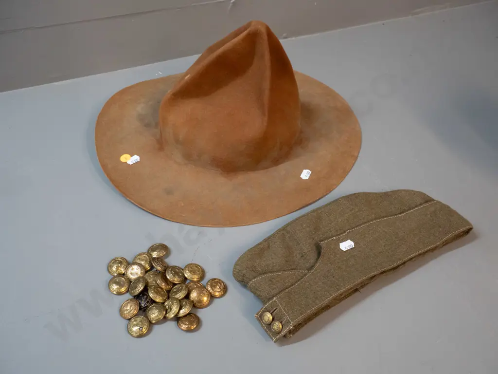 New Zealand army cap and brass buttons and a lemon squeezer felt hat with Wyoming - Pure Felt label Image 1++