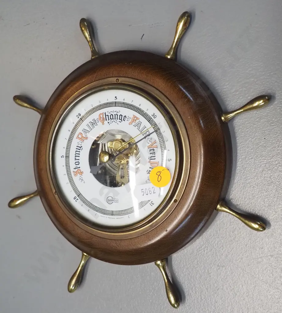 small German 'Barigo' wood-cased ship's wheel motif wall barometer. Outer D-220 Image 1++