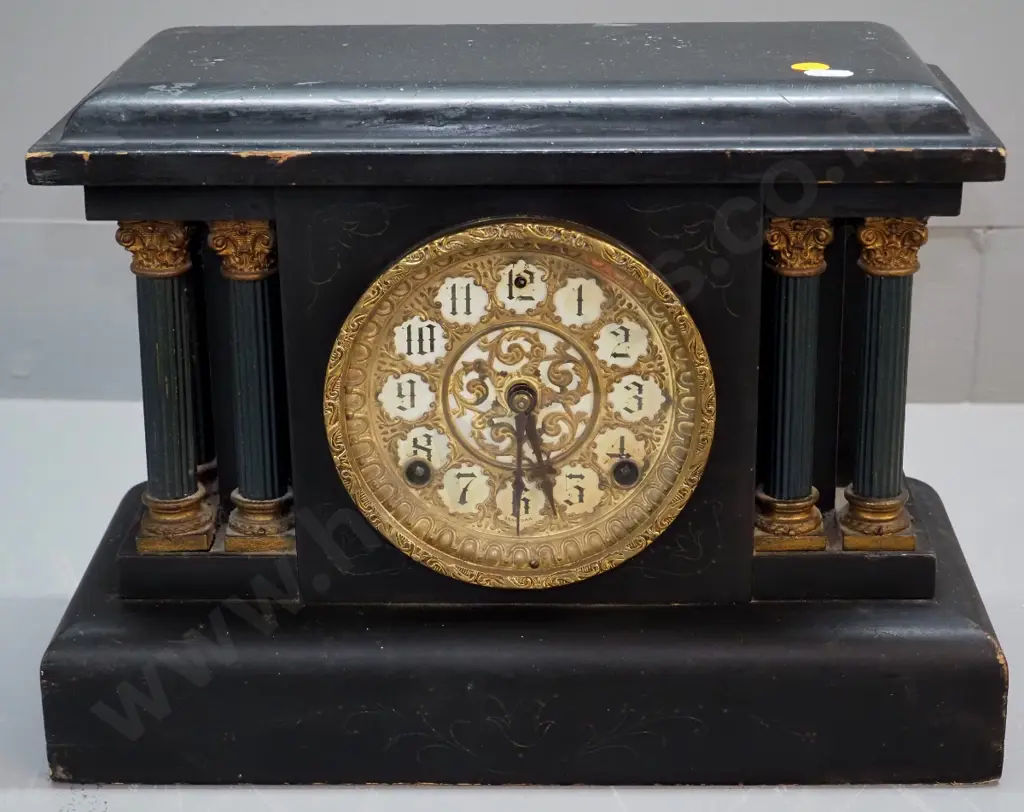 vintage Sessions mantel clock in faux marble ebonised timber case - no pendulum or key H-370 W-380 D-165 Image 1++