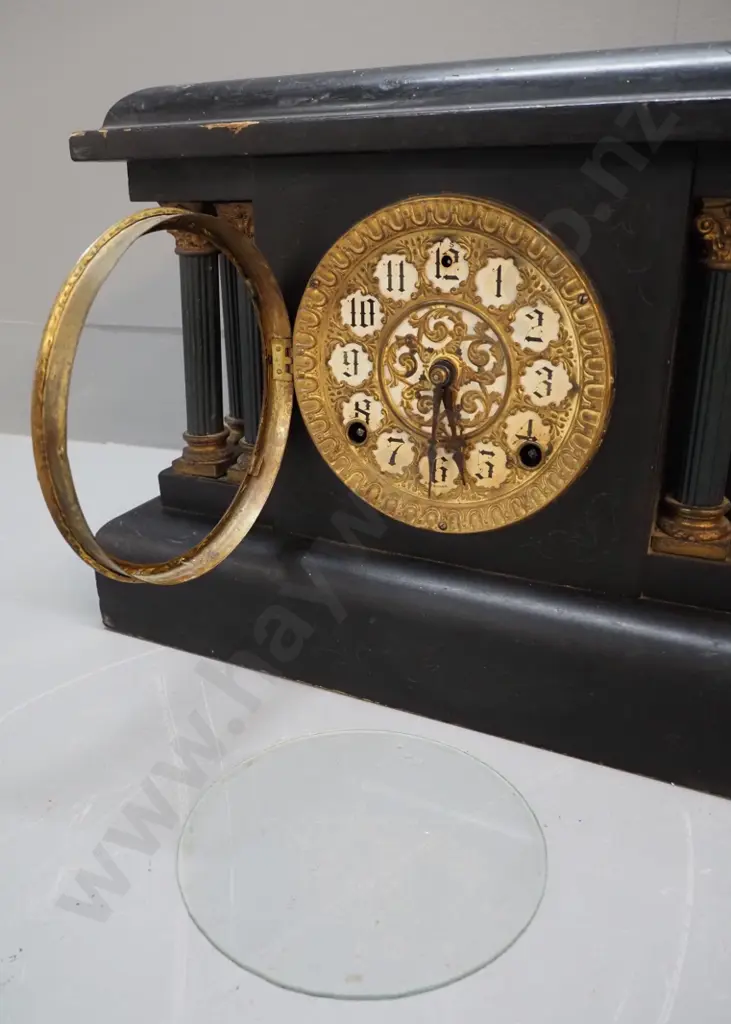 vintage Sessions mantel clock in faux marble ebonised timber case - no pendulum or key H-370 W-380 D-165 Image 1++