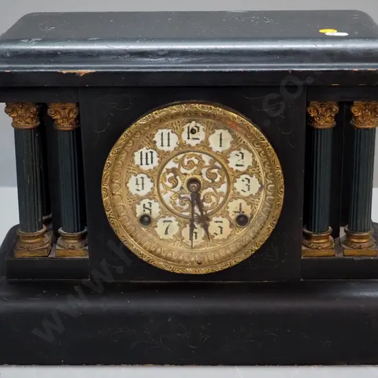 vintage Sessions mantel clock in faux marble ebonised timber case - no pendulum or key H-370 W-380 D-165
