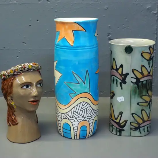 3 studio pottery items - 2 vases and a head-shaped planter, tallest vase marked Sanderson Rangiora