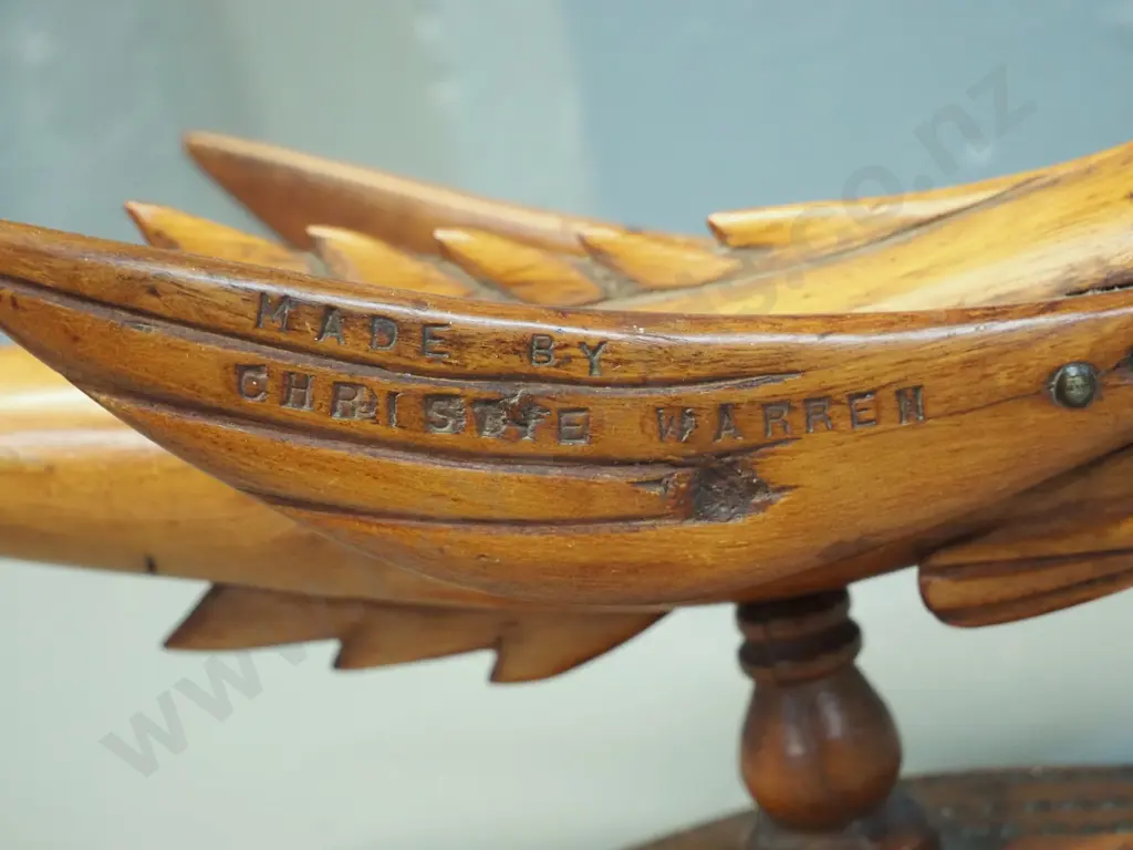 carved timber fish on turned pedestal base - souvenir of Pitcairn Island - L-400 Image 1++