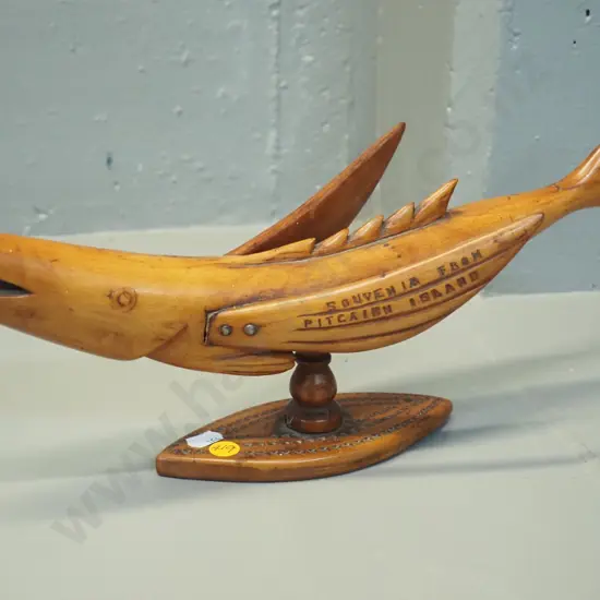 carved timber fish on turned pedestal base - souvenir of Pitcairn Island - L-400