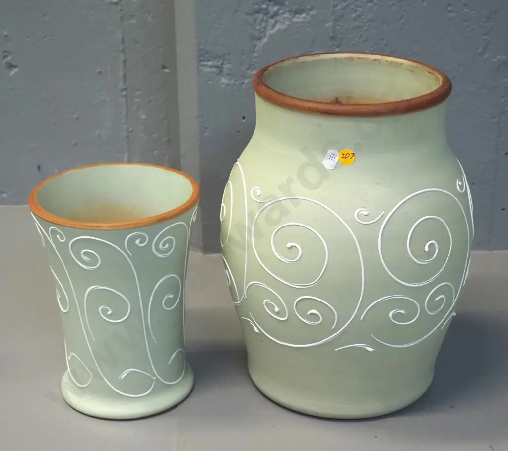 2 large Denby matte glaze with applied swirls vases - larger one is H-320 Image 1++