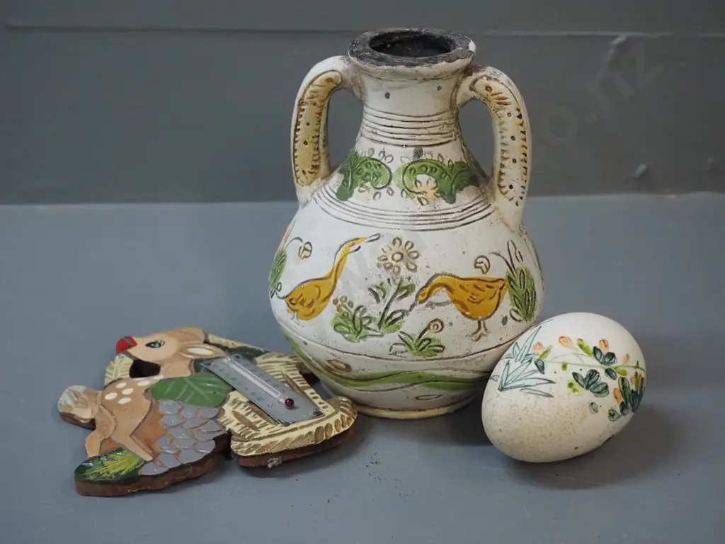 Japanese vase H150 (see note) hand-painted egg and a retro Japanese wooden bambi wall thermometer Image 1++