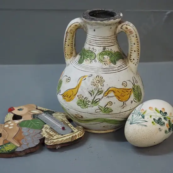 Japanese vase H150 (see note) hand-painted egg and a retro Japanese wooden bambi wall thermometer