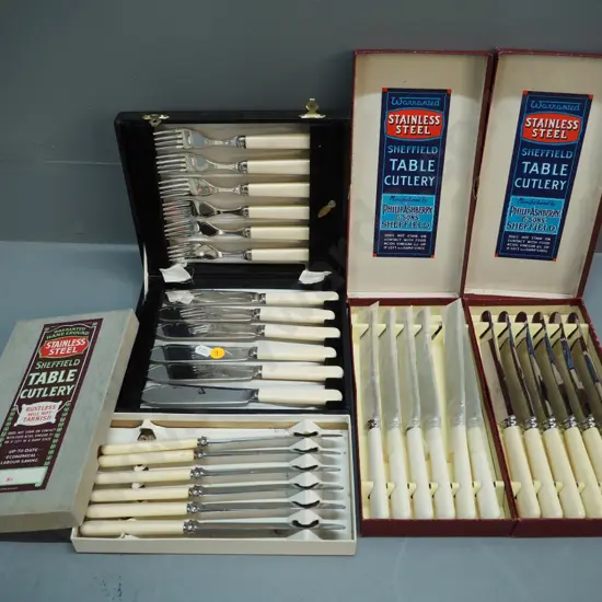 bone-handled cutlery - 2 sets of 6 dinner knives, 6 butter knives, cased set of 6 fish knives and forks