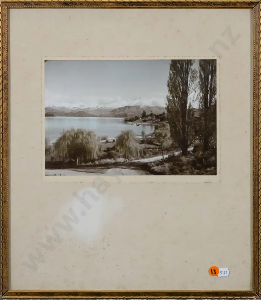 framed vintage hand coloured photograph - Wanaka (extensive foxing to mat) H160 W230 Image 1++