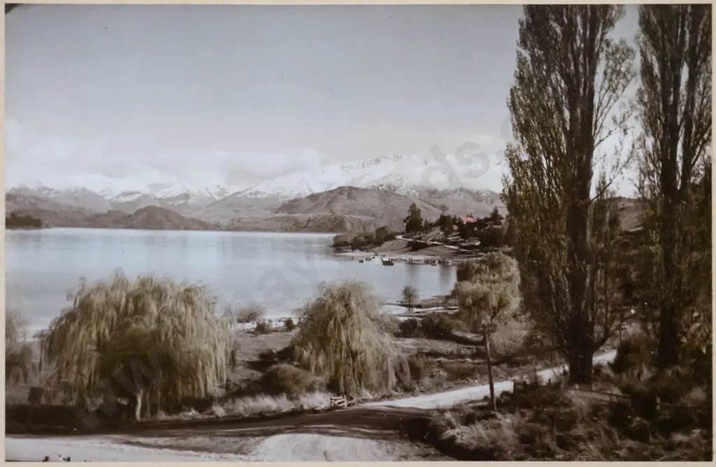 framed vintage hand coloured photograph - Wanaka (extensive foxing to mat) H160 W230 Image 1++