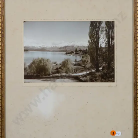 framed vintage hand coloured photograph - Wanaka (extensive foxing to mat) H160 W230