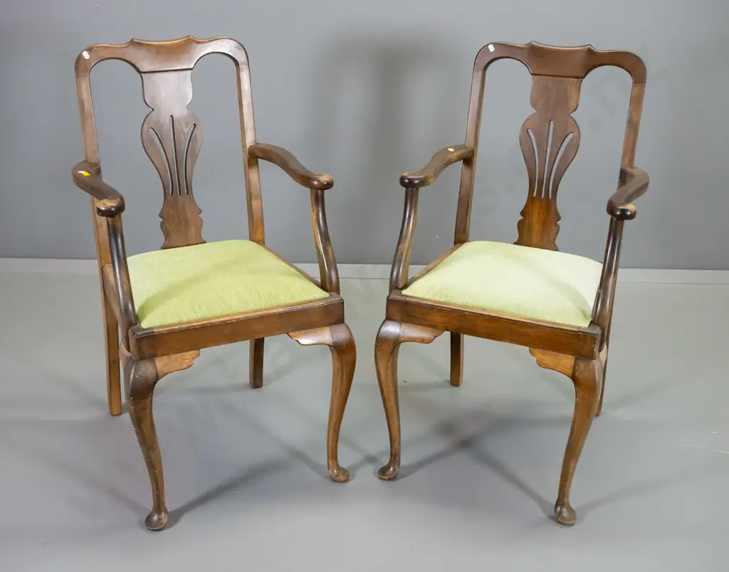 pair of mahogany splat-back occasional chairs, green velvet seats, some movement in arms, polish wear H940 W510 D490 Image 1++