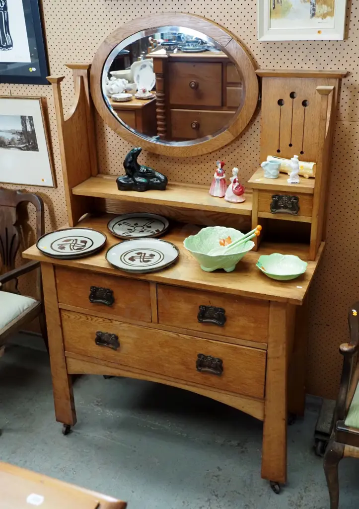 deco oak 3-drawer dressing table w/oval mirror & jewellery drawer in top, copper finish handles H1710 W1070 D510 Image 1++