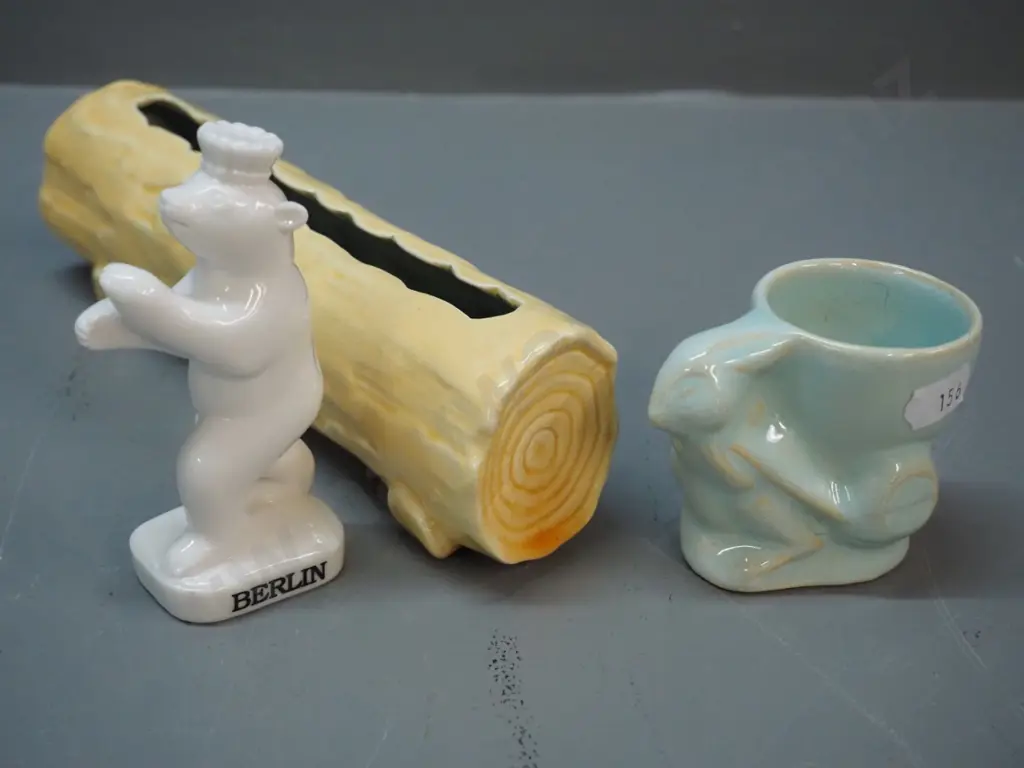 OC Stephens log vase L-190, Crown Lynn rabbit egg cup, and a Berlin bear figure Image 1++