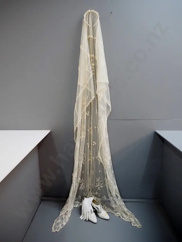 vintage ecru colour embroidered bridal veil, a pair of shoes and gloves - veil is L-2050 Image 1++