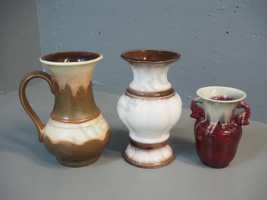 3 German pottery trickle glaze vases, 2 high glaze, taller ones H-220 Image 1++