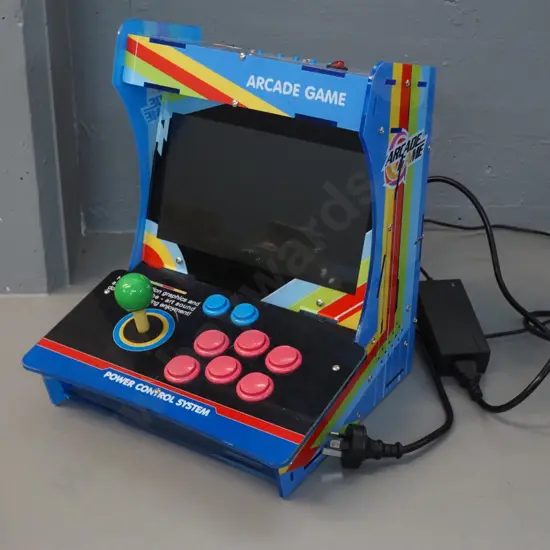 retro style small arcade game console in perspex case, with power supply and cord - untested H350 W290 D270
