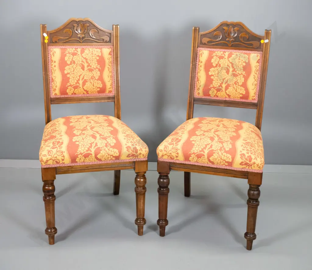 pair of Edwardian dining chairs w/carved top rail, brocade upholstered seat & back H920 W440 D460 Image 1++