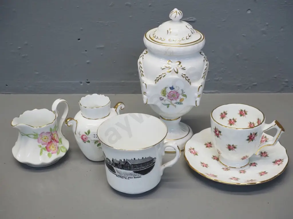 assorted English china - Foley Tokamariro cup, Aynsley small vase, cup & saucer, Minton cover pot H180 Paragon jug Image 1++