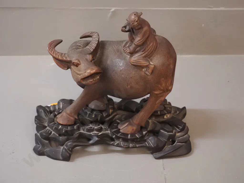asian faux wood composite water buffalo and rider with carved wooden fitted lotus pattern base - overall H200 L230 Image 1++