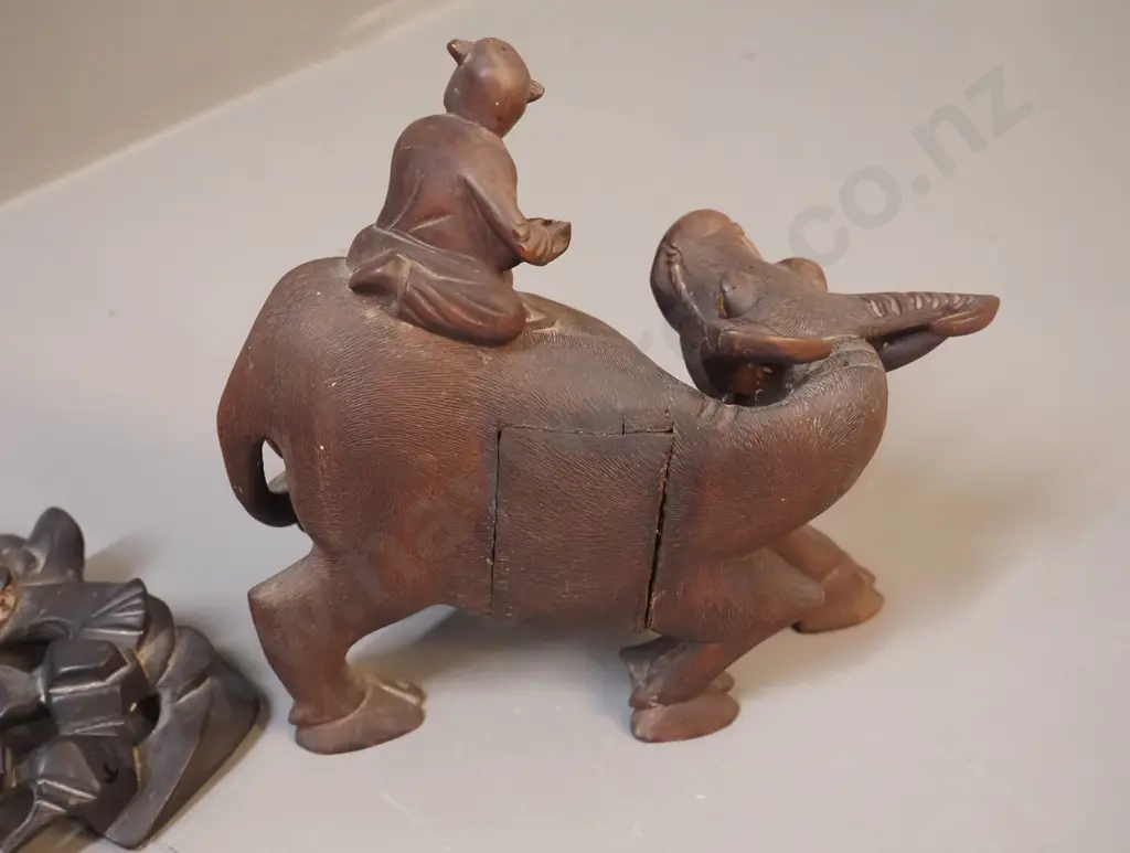 asian faux wood composite water buffalo and rider with carved wooden fitted lotus pattern base - overall H200 L230 Image 1++